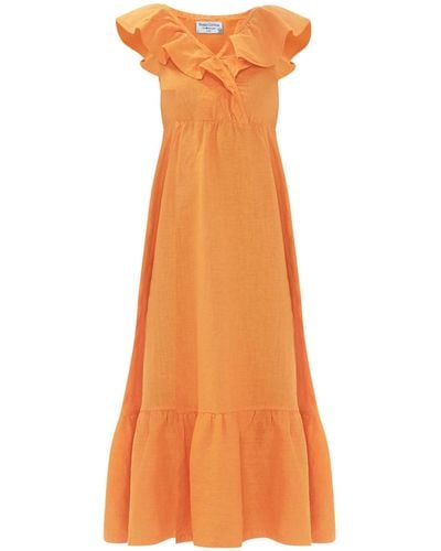 Haris Cotton Wrap Maxi Linen Dress Wth Ruffle Hem Lotus - Orange