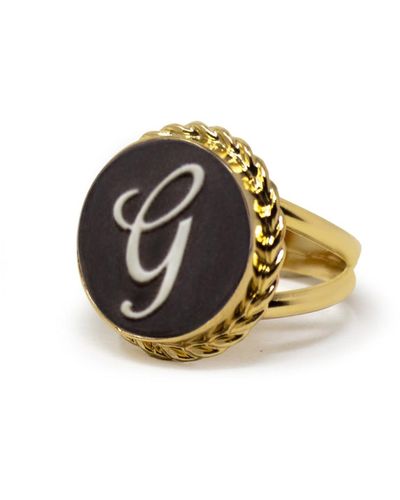 Vintouch Italy Gold Vermeil Black Cameo Ring Initial G - Metallic