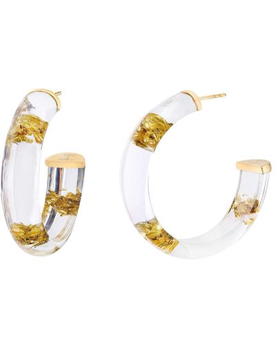 Gold & Honey Leaf Hoop Earrings In Clear - Metallic