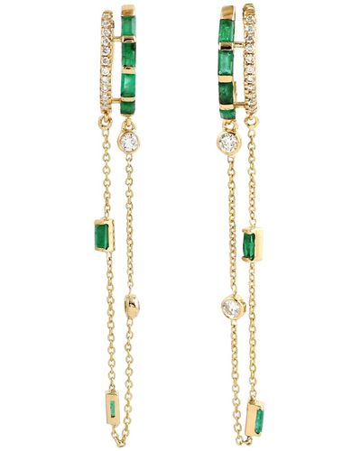 Artisan Baguette Emerald & Diamond Double Mixed Fringe Chain huggies Hoops Earring In 18k Gold - Metallic