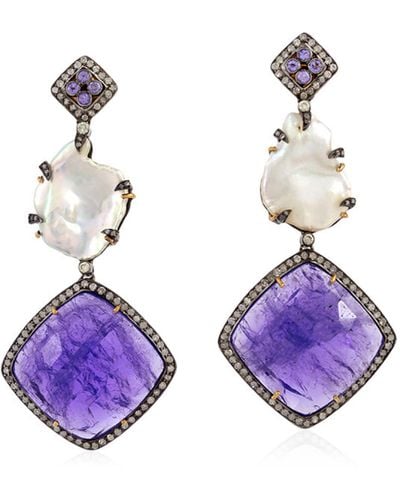Artisan Pave Diamond With Tanzanite & Pearl Dangle Earrings In 18k Gold 925 Sterling Silver - Purple