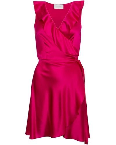 Roses Are Red Silk Mini Wrapdress In Fuchsia - Pink