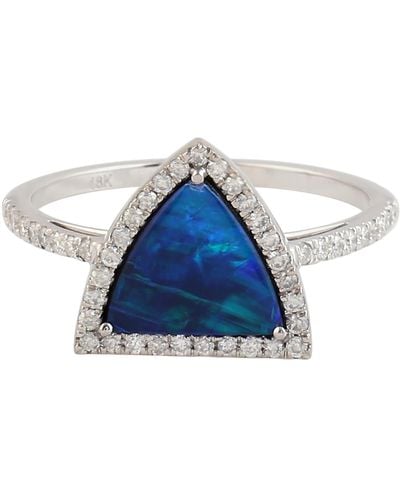 Artisan Trillion Opal Doublet Pave Diamond Accent Ring Jewelry In 18k White Gold Jewelry - Blue