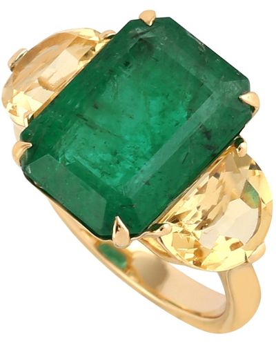 Artisan Emerald & Citrine Gemstone In Solid 18k Yellow Gold Classic Cocktail Ring - Green