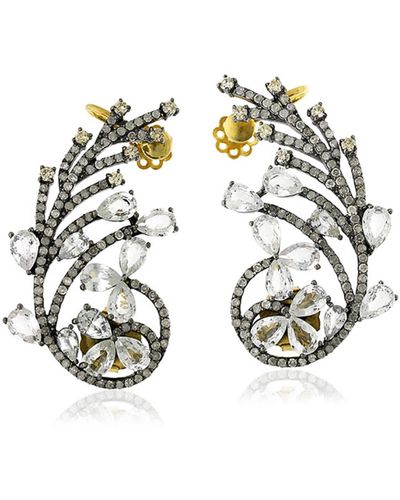 Artisan Pear Cut White Sapphire & Pave Diamond In 18k Gold With Silver Ear Cuff Earrings - Metallic