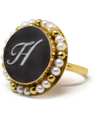 Vintouch Italy Gold Vermeil Black Cameo Pearl Ring Initial H - Multicolor