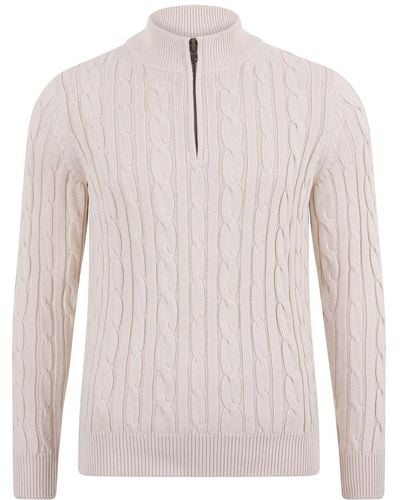 Paul James Knitwear Neutrals S Midweight Romano Cotton Cable Zip Neck Sweater - Natural