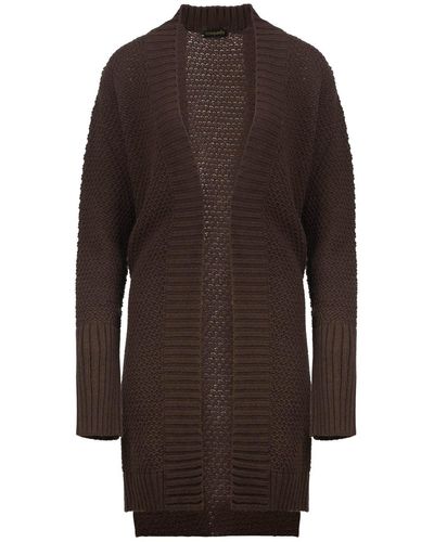 Conquista Under The Knee Length Open Front Knit Cardigan - Brown