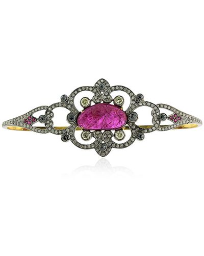 Artisan Carved Oval Cut Ruby & Pave Diamond In 18k Gold With Silver Vintage Palm Bracelet - Multicolour