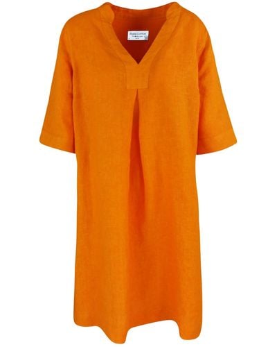 Haris Cotton Knee Lenght Linen Dress With Notched Neckline- Lotus - Orange