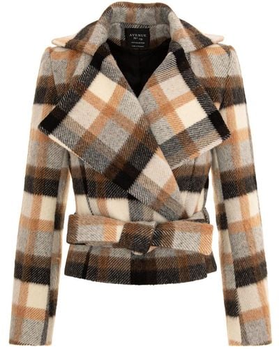 AVENUE No.29 Neutrals Checked Wool Double Breasted Wide Lapel Jacket With Belt - Multicolour