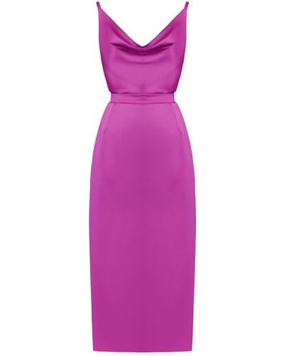 UNDRESS Kamea Magenta Pink Satin Midi Cocktail Dress - Purple