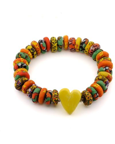 Ebru Jewelry Murano Yellow Heart & African Colorful Beaded Summer Bracelet - Metallic