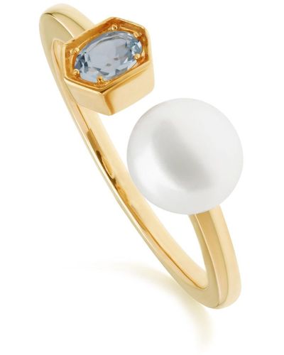 Gemondo Modern Pearl & Topaz Open Ring In Gold Plated Silver - Blue