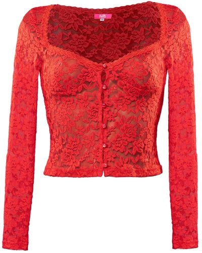 Elsie & Fred Sonja Lace Sheer Long Sleeve Button Top - Red
