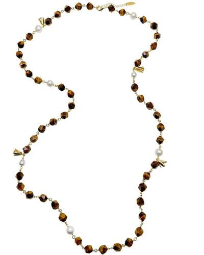 Farra Tiger Eye With Freshwater Pearls Long Station Necklace - Metallic