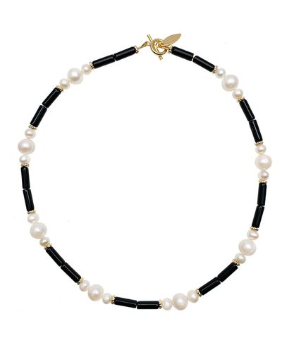 Farra Timeless Black Agate With White Pearls Short Necklace - Metallic