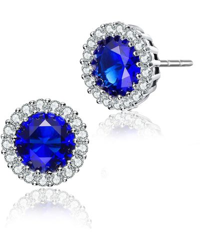 Genevive Jewelry Sterling Silver With Rhodium Plated Clear Round Cubic Zirconia With Small Clear Round Cubic Zirconia Halo Accent Stud Earrings - Blue