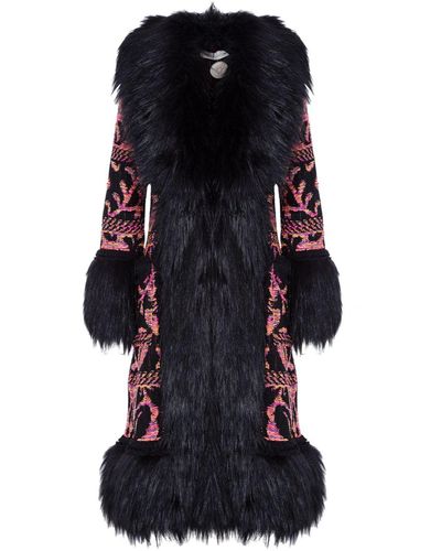 The Extreme Collection Alpaca Merino Wool And Cotton Longline Coat With Vegan Fur Details Casiana - Black