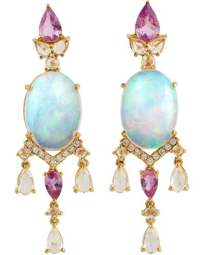 Artisan 18k Yellow Gold Opal Ethiopian Pink Sapphire Diamond Dangle Earrings - Blue