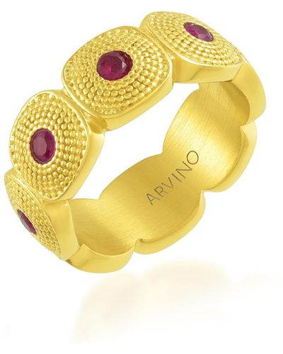 Arvino Pink Gems Honeycomb Shaped Chunky Band Ring Water Resistance Premium Plating - Metallic