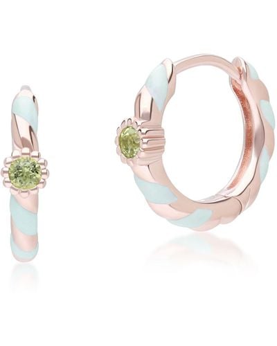 Gemondo Green Enamel & Round Peridot Hoop Earrings In Rose Gold Plated Sterling Silver - Pink