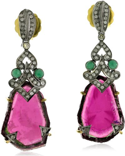 Artisan 18k Gold Silver With Tourmaline & Emerald Diamond Dangle Earrings - Pink
