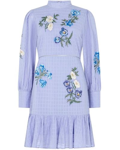 Hope & Ivy The Monnie High Neck Embroidered Long Sleeve Mini Dress - Blue