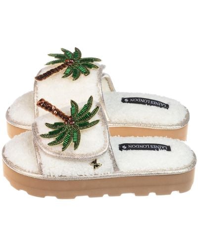 Laines London Terry Towelling Flatform Sliders With Palm Tree Brooches - Metallic