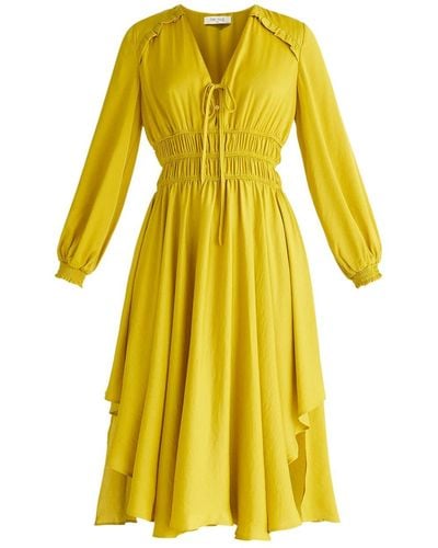 Paisie Ruched Waist Midi Dress In Mustard Yellow
