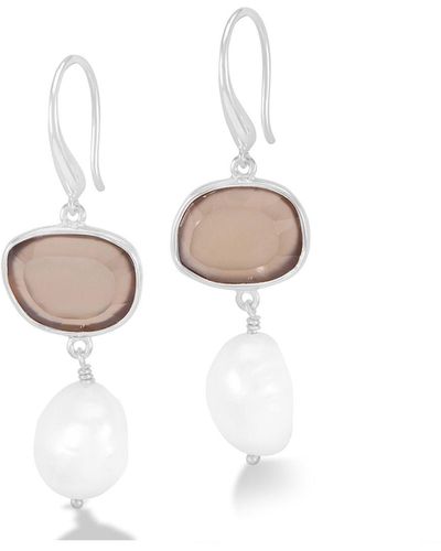 Dower & Hall Grey Agate Pebble & Pearl Drop Earrings In - White