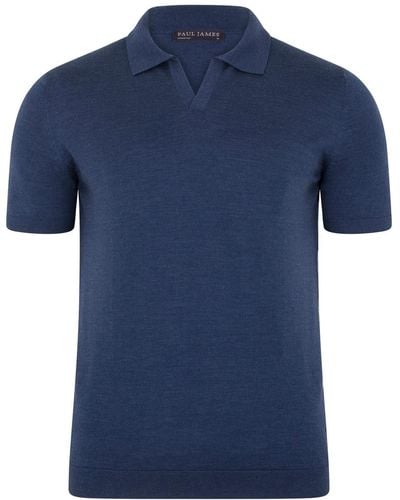 Paul James Knitwear S Superfine Leonardo Merino Silk Buttonless Polo Shirt - Blue