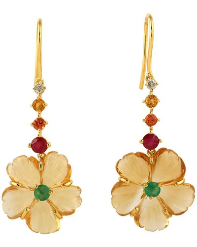 Artisan 18k Yellow Gold Carving Citrine Ruby Emerald Sapphire Flower Dangle Earrings - Metallic