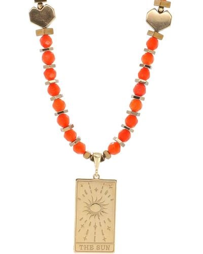 Ebru Jewelry Tarot Card Gold Sun Pendant Red Beaded Necklace - Metallic