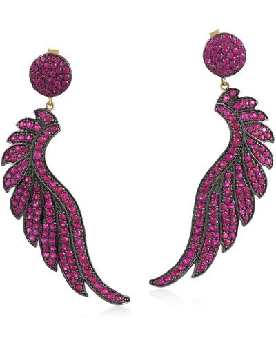 Artisan Red Ruby Gemstone Pave In 14k Gold & 925 Sterling Silver Angel Wing Dangle Earrings - Purple