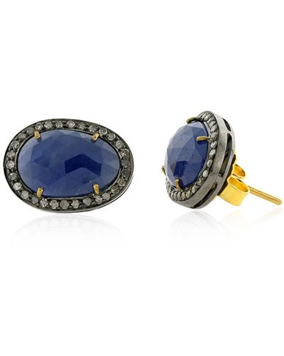 Artisan Blue Sapphire Gemstone & Diamond In 18k Gold With 925 Silver Stud Earrings