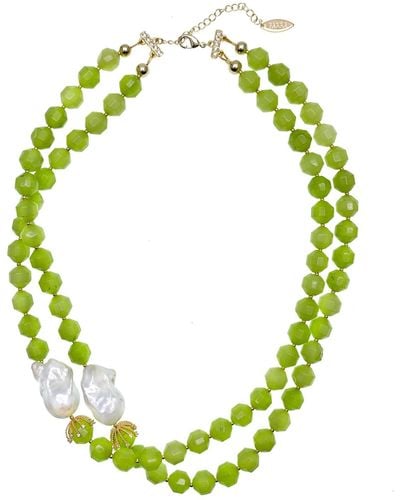 Farra Jade With Baroque Pearl Double Strands Necklace - Green