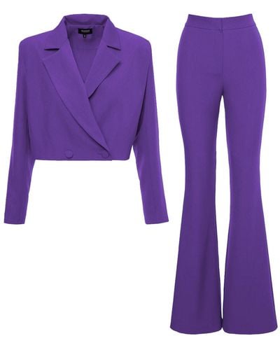 BLUZAT Deep Purple Suit With Cropped Blazer And Flared Trousers