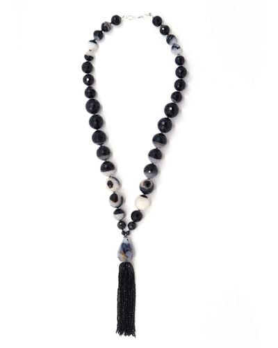 Shar Oke Clear Quartz & Black Agate, Black Cubic Zirconia & Black Spinel Tassel Beaded Necklace - Metallic