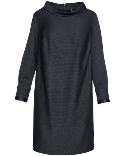 Conquista Casual H-line Stand Collar Long Sleeve Midi Dress - Blue