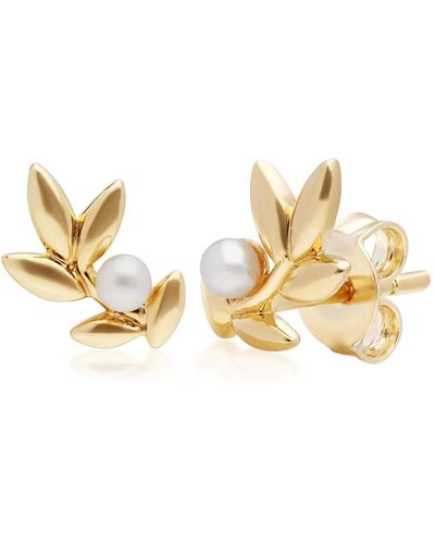Gemondo O Leaf Pearl Earrings In Yellow Gold Plated Silver - White