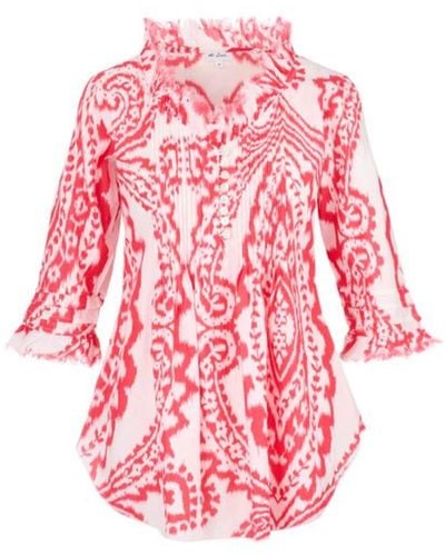 At Last Sophie Cotton Shirt In Coral & White Ikat - Red