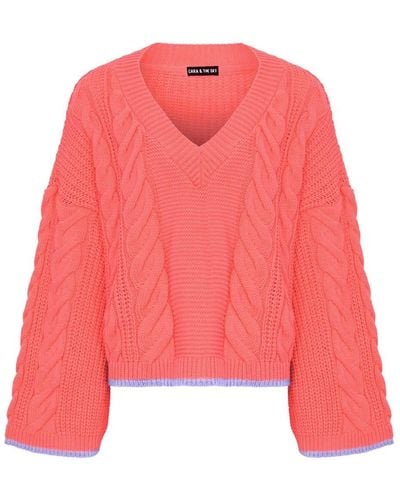 Cara & The Sky Katrina Cable V-neck Sweater Coral - Red