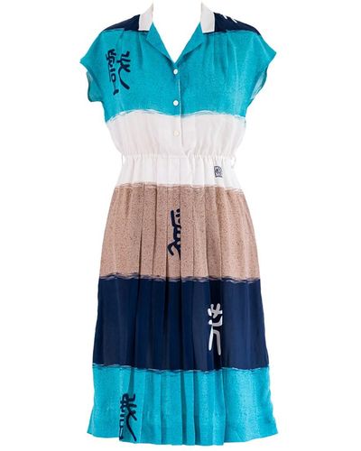 Sugar Cream Vintage Vintage Colorful Striped Collared Chiffon Midi Dress - Blue