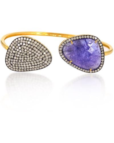 Artisan Triangle Tanzanite & Pave Diamond In 18k Gold With 925 Silver Cuff Bracelet Bangle - Purple