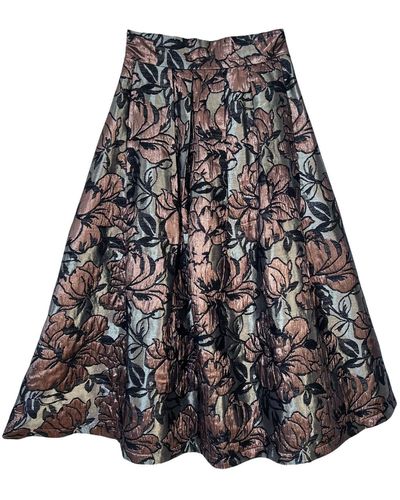 L2R THE LABEL Floral Brocade Midi Skirt In Bronze & Black - Grey