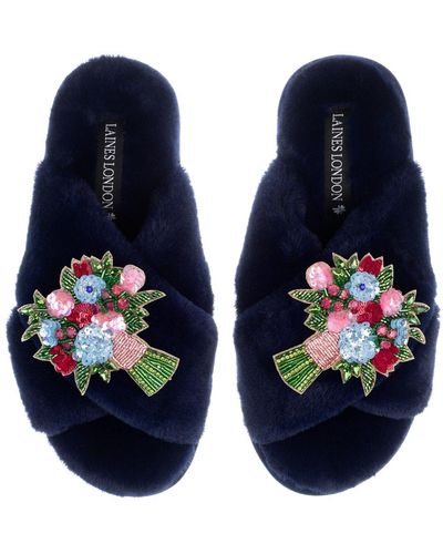 Laines London Classic Laines Slippers With Double Floral Bouquet Brooches - Blue