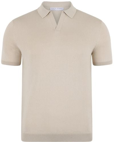 Paul James Knitwear Neutrals S Ultra Fine Cotton Nathan Buttonless Polo Shirt - Natural