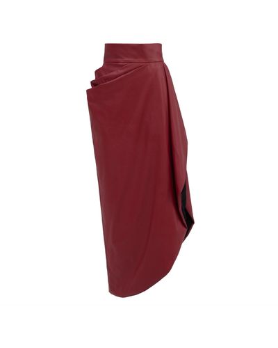 Julia Allert Designer Soft Faux Leather Asymmetrical Midi Skirt - Red