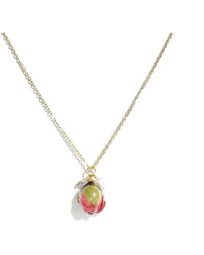 I'MMANY LONDON Real Flower Ingrid Chain Necklace With Rosebud, Crystal & Pearl Pendants - Metallic